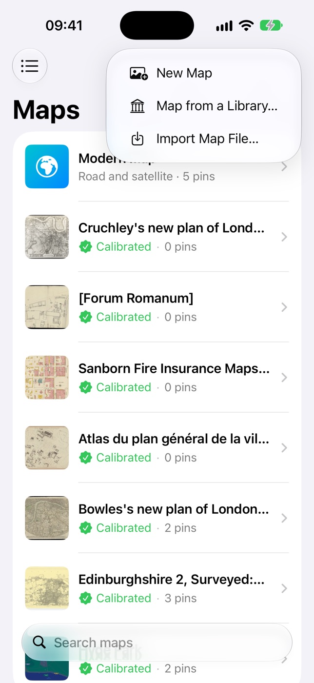 The list of maps in Terra Nota, with the menu for adding a new one